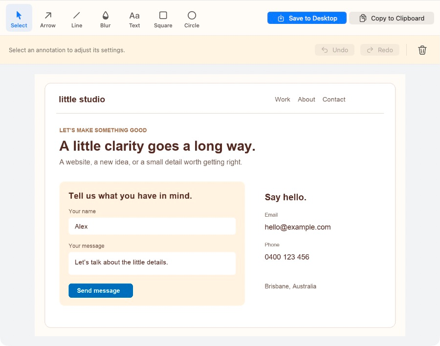 Current Skittish editor with a demo contact page opened and ready to annotate.